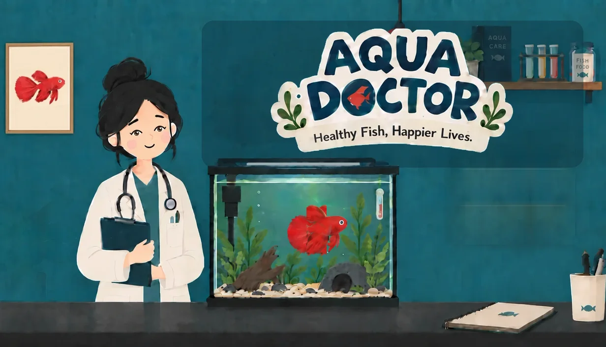Aqua Doctor: a doctor in a white coat beside a fish tank with a red betta