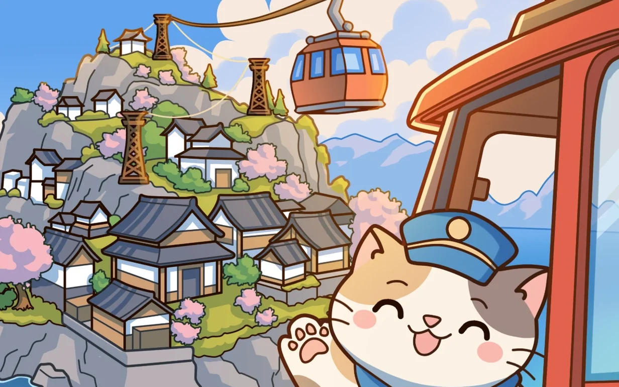 Ropeway Isles: a cat in a conductor's cap waves from a cable car beside a hillside island village